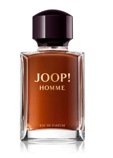 Joop! Homme Eau De Parfum bottle with amber-brown liquid, gold lettering, and a dark plum cap on a white background.