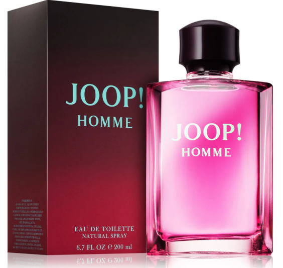 Joop! Homme Eau de Toilette natural spray bottle in pink glass next to its dark red and black packaging box, on a white background.