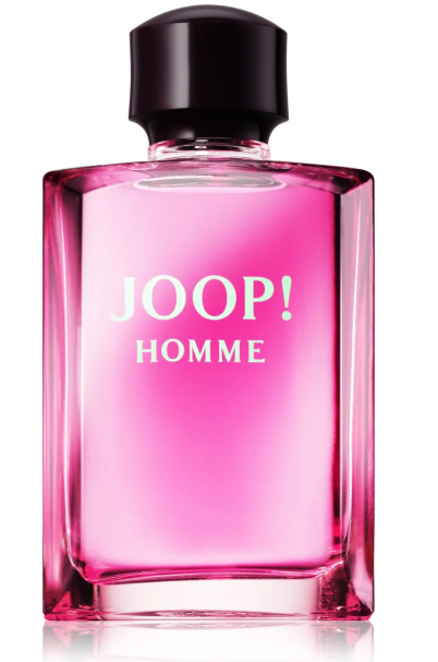 Joop! Homme fragrance bottle with vibrant pink liquid, a black cap, and white lettering on a white background.