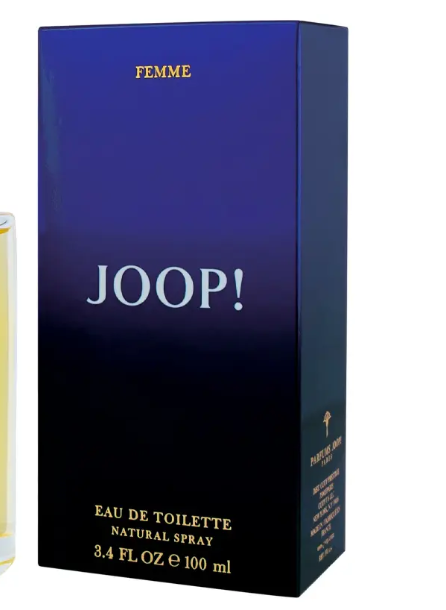 Joop! Femme Eau de Toilette natural spray 100 ml box, featuring a dark blue gradient design with gold and white lettering, shown next to a glass bottle containing the fragrance.