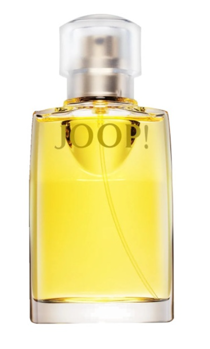 Joop! Eau de Toilette perfume bottle filled with golden-yellow liquid, featuring a clear cap and silver spray mechanism, on a white background.
