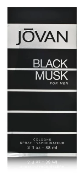 Jøvan Black Musk Cologne box for men, featuring a black and silver striped design with white text.