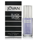 Jôvan Black Musk For Men cologne spray bottle and its black and silver packaging box, shown on a white background with a subtle reflection.