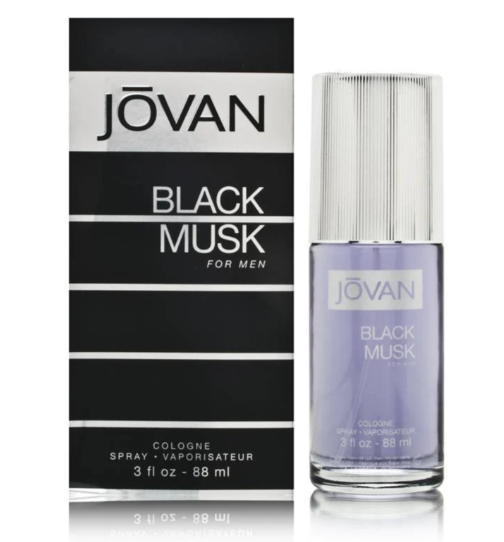Jôvan Black Musk For Men cologne spray bottle and its black and silver packaging box, shown on a white background with a subtle reflection.