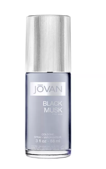 A bottle of Jovan Black Musk Cologne with a textured silver cap and a clear glass body showing a light purple liquid inside, set against a plain white background.