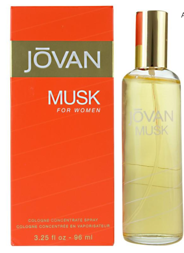 Jóvan Musk For Women cologne concentrate spray bottle and its orange packaging box, featuring a gold cap and pale yellow liquid.