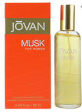 Jóvan Musk For Women cologne concentrate spray bottle and its orange packaging box, featuring a gold cap and pale yellow liquid.