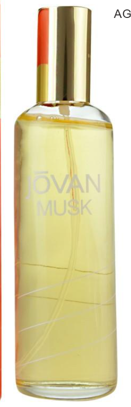 A clear glass perfume bottle filled with pale yellow liquid, featuring a shiny gold cylindrical cap and the text 'JOVAN MUSK' printed on the front. A small orange-red accent is visible near the top of the bottle.