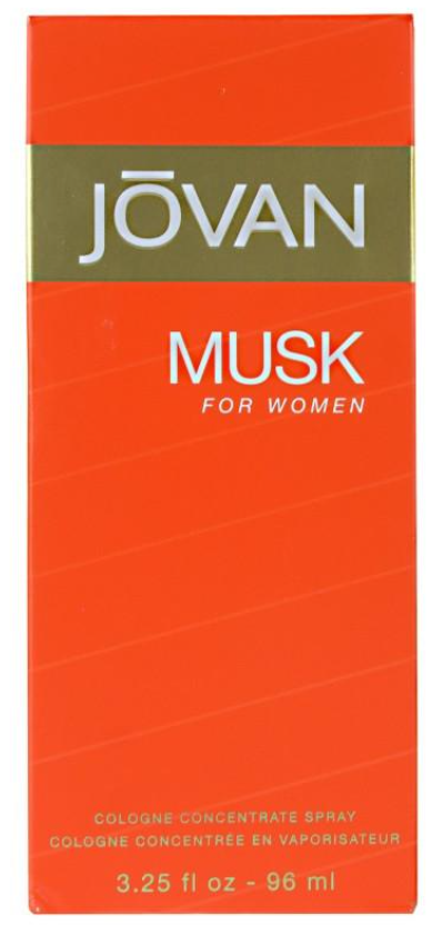Jóvan Musk For Women cologne concentrate spray box, featuring a bright orange-red design with a dark olive green band at the top and white text.