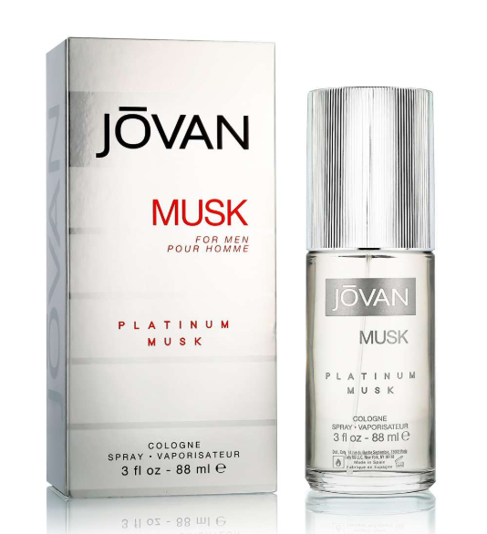 Jøvan Platinum Musk cologne shown with its white and silver packaging box and the clear glass spray bottle on a white background.