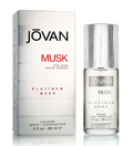 Jøvan Platinum Musk cologne shown with its white and silver packaging box and the clear glass spray bottle on a white background.