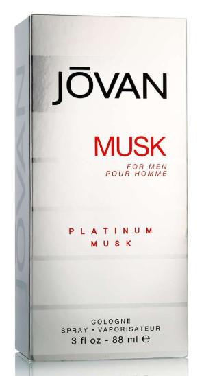 Jōvan Musk Cologne box for men, featuring a silver and white design with black and red text.