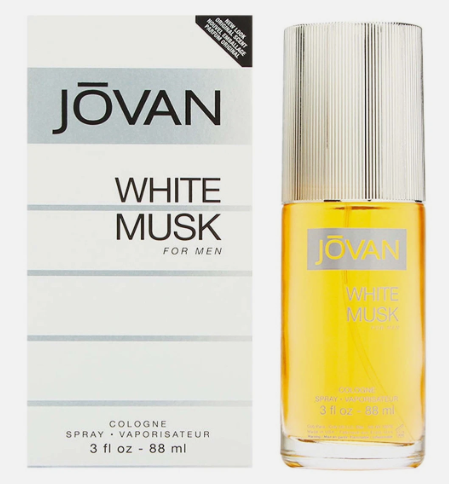 Jóvan White Musk for Men cologne shown with its retail box and the clear glass spray bottle containing golden-yellow liquid, on a white background.