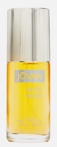 A bottle of Jóvan White Musk cologne with golden-yellow liquid inside a clear glass bottle, featuring a ribbed silver cap.