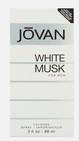 Front of a Jóvan White Musk Cologne box, featuring a minimalist design with horizontal light blue-gray stripes on an off-white background.