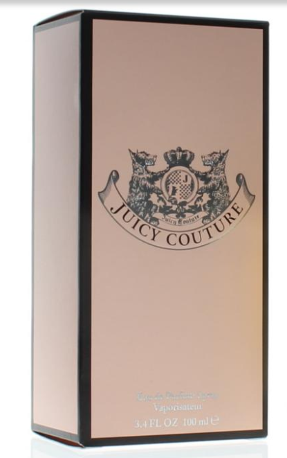 Juicy Couture Eau de Parfum spray box in a metallic rose gold finish with a black border and black printed logo.