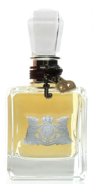 A rectangular glass perfume bottle filled with pale yellow liquid, featuring a silver crest emblem on the front, a dark brown neck wrap, and a faceted clear cap with a hanging decorative tag.