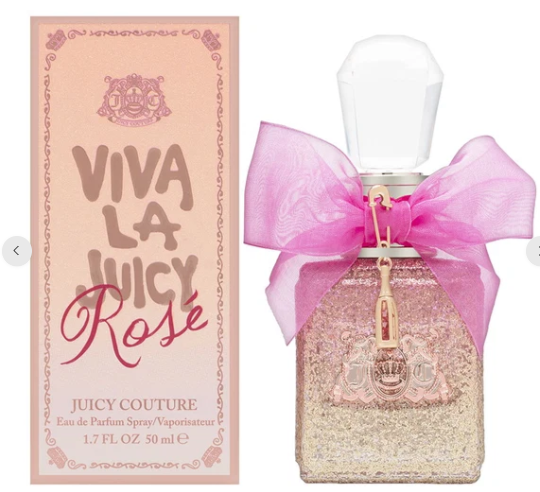 Juicy Couture Viva La Lucy Rosé perfume bottle with a pink ribbon bow and a matching pink product box on a white background.