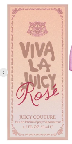 Juicy Couture VIVA LA JUICY Rosé Eau de Parfum Spray 50 ml bottle label, featuring a light pink background with brown and red lettering.
