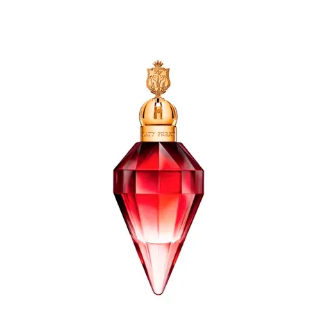 A faceted red perfume bottle with a gold cap and crest emblem, centered on a plain white background.