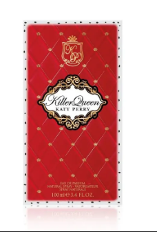 Killer Queen by Katy Perry perfume packaging box, featuring a red quilted pattern with gold accents and the brand logo at the top.