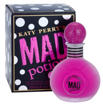 Katy Perry's Mad Potion perfume bottle and its packaging box. The bottle is a vibrant pink with a matching glittery pink spherical cap and a striped neck.
