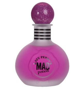 A round pink bottle of Katy Perry's 'Mad Potion' perfume with a glittery purple spherical cap, isolated on a white background.