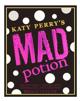 Katy Perry's Mad Potion Eau de Parfum 100ml bottle label design, featuring a black background with white polka dots and bold pink and gold text.