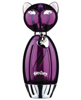 Katy Perry 'Cat' perfume bottle, shaped like a glossy purple cat head and torso with silver accents and the Katy Perry logo on the front, isolated on a white background.