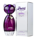 Katy Perry 'Durr' cat-shaped perfume bottle in translucent purple glass next to its white packaging box.