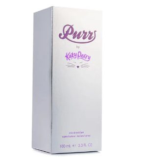 A tall, narrow white rectangular box for Purrs by Kitty Perry, featuring purple script branding and small pink decorative details on a white background.