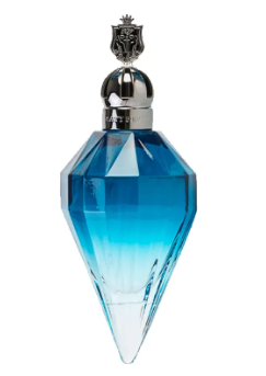 A faceted blue perfume bottle with a silver metallic cap and a silver crest emblem on top, isolated on a white background.