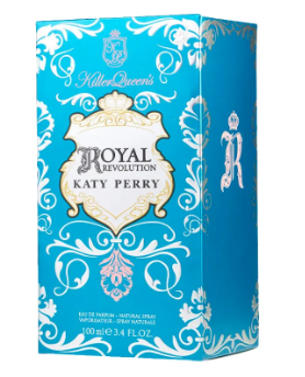 Katy Perry - Royal Revolution Eau de Parfum packaging box in vibrant blue with white ornate baroque-style patterns and a central gold crest.