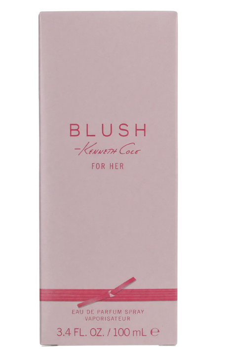 A tall, rectangular pink box for Kenneth Cole Blush Eau de Parfum Spray, featuring the brand name and product name in pink lettering on a light pink background.