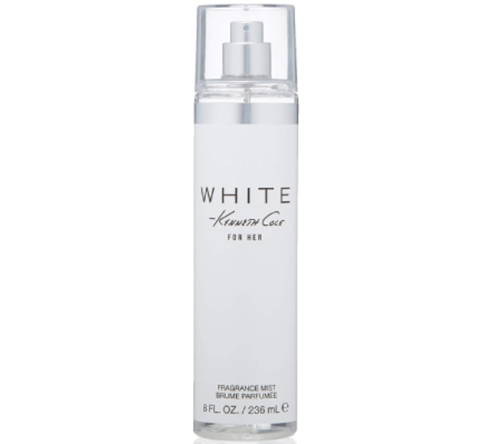 White Kenneth Cole For Her fragrance mist in a clear cylindrical spray bottle with a white label and silver pump, shown on a plain white background.