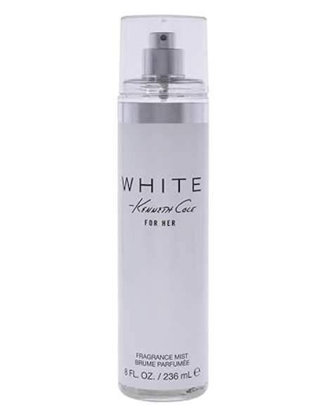 A white cylindrical bottle of Kenneth Cole White For Her fragrance mist with a clear cap and silver spray mechanism, shown against a plain white background.