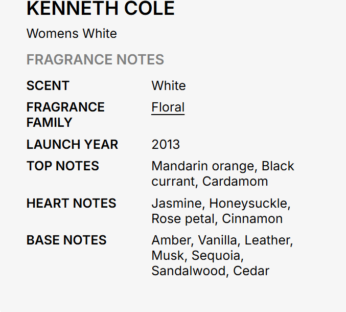 A text-based fragrance notes card for Kenneth Cole Womens White, listing scent as White, fragrance family as Floral, launch year as 2013, and top and base notes in a clean two-column layout on a light gray background.