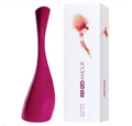 Kenzo Amour Eau de Parfum bottle in a glossy magenta pink color next to its white packaging box featuring a pink bird illustration.