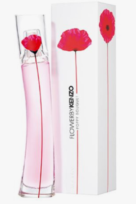 Kenzo Flower by Kenzo Poppy Bouquet perfume bottle and its white packaging box, both decorated with a red poppy flower graphic.