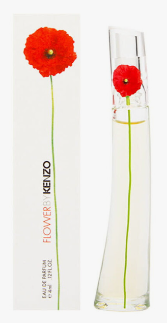 Kenzo Flower Eau de Parfum bottle and packaging box, both featuring a vibrant red poppy flower on a white background.