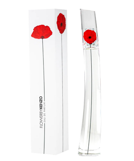 A clear glass perfume bottle with a red poppy flower near the neck, shown beside a tall white box featuring two red poppy flowers and the text FLOWERKENZO EAU DE PARFUM.