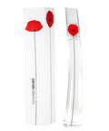 A clear glass perfume bottle with a red poppy flower near the neck, shown beside a tall white box featuring two red poppy flowers and the text FLOWERKENZO EAU DE PARFUM.