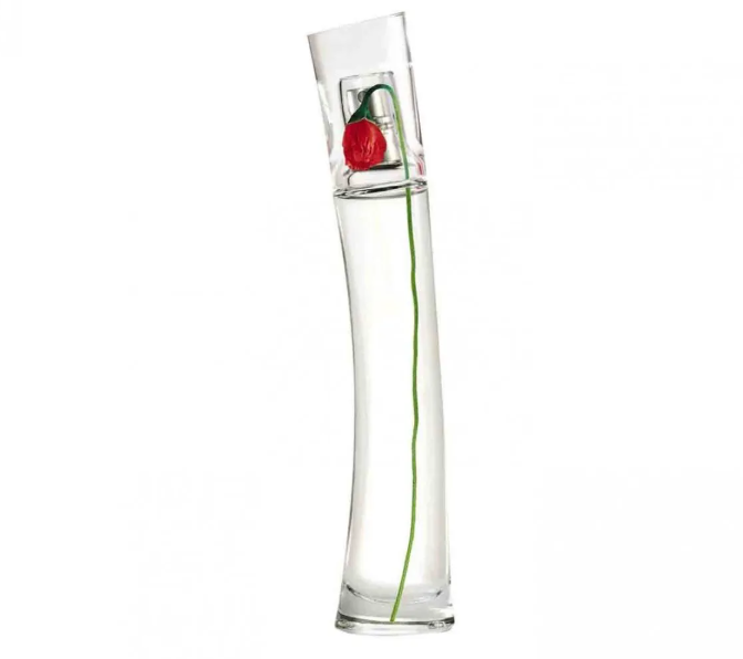 A clear glass perfume bottle with a curved cylindrical body, a matching clear cap, and a single red rose stem embedded vertically inside the bottle, shown on a plain white background.