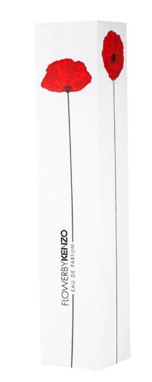 A tall, narrow white rectangular box featuring two red poppy flowers with thin black stems and the vertical text 'FLOWERY KENZO' printed on the front.