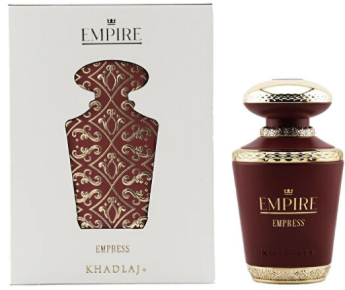 Empress Khadlaj+ perfume by Empire, showing the dark red bottle with gold detailing alongside its white packaging box with a matching red patterned illustration.