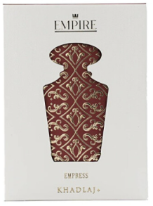 Empire by Khadlaj 'Empress' perfume packaging, featuring a decorative red and gold damask-patterned bottle illustration on a white background.