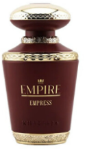 Empire Empress Eau de Toilette bottle, featuring a deep burgundy body with gold lettering and a gold patterned collar, topped with a metallic gold cap.