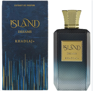 Island Dreams Extrait de Parfum by Khadlaj, showing the dark textured glass perfume bottle with a gold cap and label next to its blue and gold retail box.