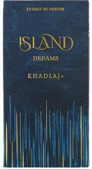 A perfume box or package front for Island Dreams by Khadlaj, featuring a dark blue textured background with gold lettering and vertical blue and gold light-like streaks along the bottom.