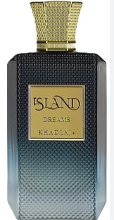 Island Dreams Khadlaj perfume bottle with a textured black and blue gradient body and a gold cap and front label.